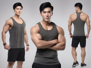 Poses Asian Handsome and Muscular Guy with Tank Top and Shorts Portrait Isolated on Grey Background