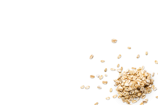 Organic oat flakes isolated on a transparent background with shadow from above, top view, png