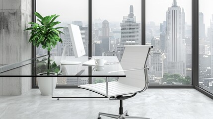 Modern Workspace with Glass Desk, White Chair, and Cityscape Backdrop AI Generated.