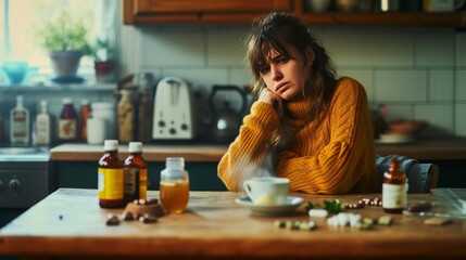 Pained woman clutching her stomach and having herbal tea in the kitchen
