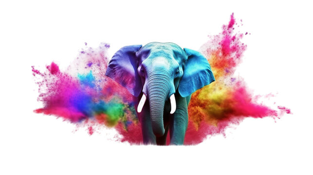 illustration of Elephant Happy Holi colorful, Isolated on transparent PNG background, Generative ai