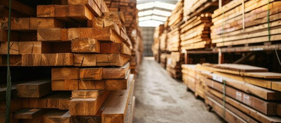 Lumber stored in a warehouse