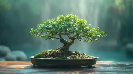 Selbstklebende Fototapeten bonsai tree on a wooden table, close up photo, evenly lit, calm atmosphere, minimalist © growth.ai