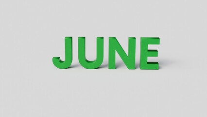June 3d text in green color on white background, 3d render