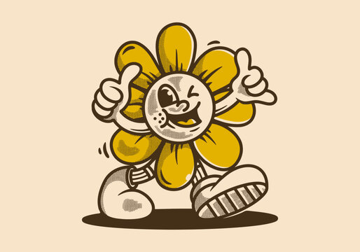 Walking sun flower character in vintage retro style
