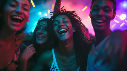 Neon lights and live music for Gen Z friends dancing, music festival and stars