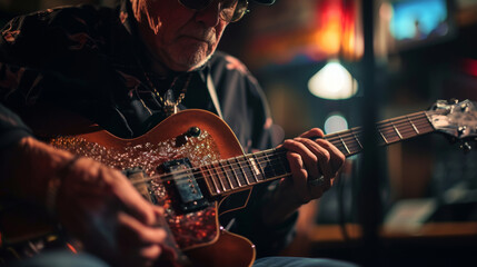 Fototapeta premium Baby Boomer man playing blues guitar on stage, dim light and emotion