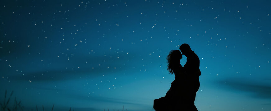 Baby Boomer couple dancing under starry sky with shadows.