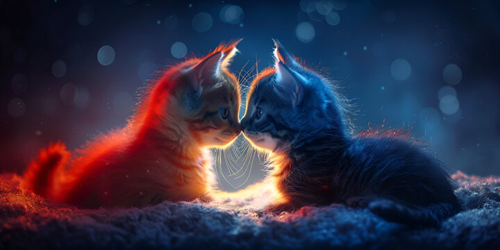 Two cats are kissing Beautiful light bokeh effect