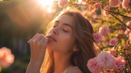 Woman applying lipstick in garden, natural radiance and floral beauty