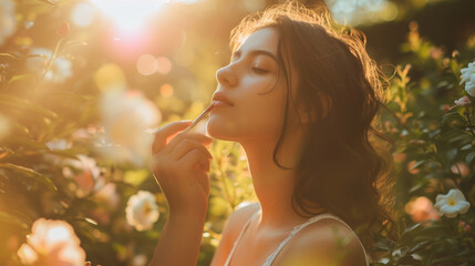 Woman putting on lipstick in a flower garden with sunlight