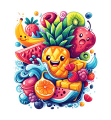 Vector illustration of funny cartoon pineapple character with fruits and berries. Isolated on transparent background. cutout PNG for t shirt print