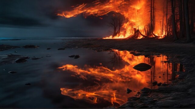 Forest fires. The silhouettes of trees against the background of flames create a breathtaking and mesmerizing image of a disaster