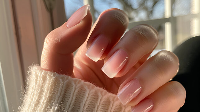 A woman's hand with short mindal nails painted in soft pink, Soft light, creating a feminine and sophisticated atmosphere.