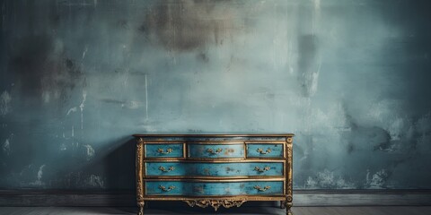 Blue drawer and golden mirror in a vintage house with baroque grunge aesthetic.