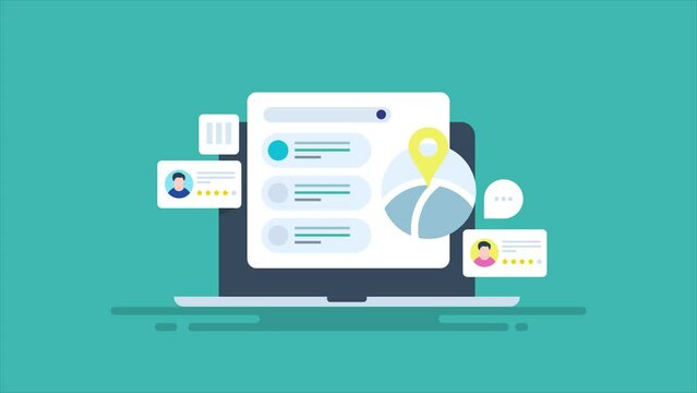 Business listing near me with map location and customer review, search data and local store optimization, SEO concept on laptop screen, video animation.