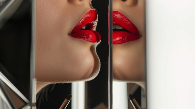 Red lipstick and makeup brush for woman in contemporary mirror, minimalist decor