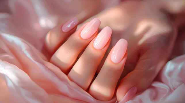 A woman's hand with short mindal nails painted in soft pink, Soft light, creating a feminine and sophisticated atmosphere.