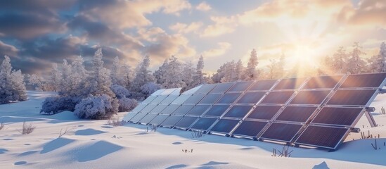 Snow-covered solar panels. Generating solar energy on winter days. Cold weather renewable energy production. - obrazy, fototapety, plakaty