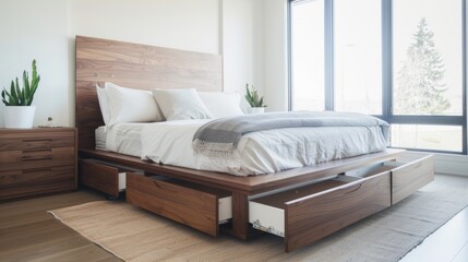 Contemporary Bedroom with Minimalistic Design and Platform Bed with Storage Drawers AI Generated.