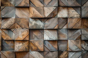 Closeup of a beautiful and natural brown wall, made from many small geometric wooden planks, bringing unique texture, with muted color tone.