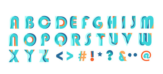 Colorful layered font and alphabet. Color creative art typographic design. Festive letter set for rainbow logo, headline, color cover title, monogram.
