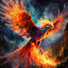 colorful painting of a phoenix rising from its ashes - obrazy, fototapety, plakaty