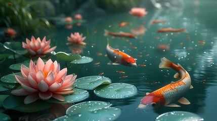 koi fish pond wallpaper with pink lotus flower, in the style of realistic - Powered by Adobe