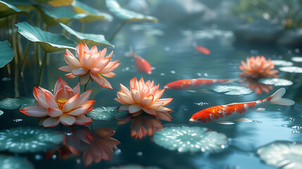 Fototapeta na wymiar koi fish pond wallpaper with pink lotus flower, in the style of realistic