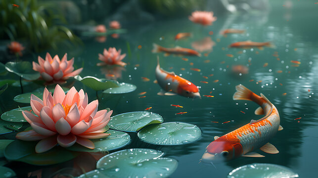 koi fish pond wallpaper with pink lotus flower, in the style of realistic