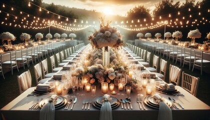 A beautifully set table for an outdoor wedding dinner at sunset