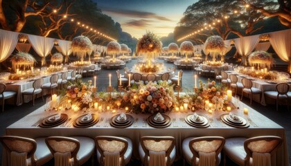 Elegant setup for an outdoor wedding reception at dusk - obrazy, fototapety, plakaty