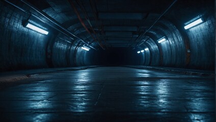 Empty underground background with blue lighting with space for text or product - obrazy, fototapety, plakaty
