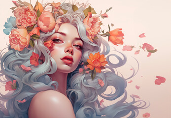 Naklejka premium An illustration of a beautiful painting woman with floral hair ornaments 
