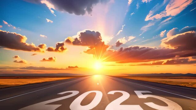 New year concept. Number 2025 on empty road with beautiful sunset sky abstract background.