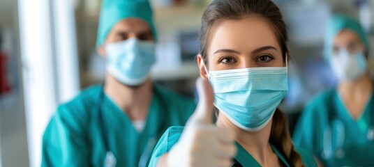 A healthcare worker in the forefront wearing a surgical mask, offering a thumbs-up gesture, with a colleague in the background mimicking the same gesture, both within a clinical environment.