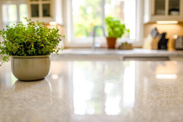Close-up shot on white stone countertop in a modern kitchen with lovely plants and sunlights, by taking selected focus and minimalistic style for copy space...