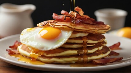 Full American breakfast with bacon, hash browns, eggs and pancakes on a plate - obrazy, fototapety, plakaty