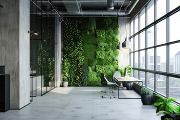 A modern workspace adorned with a vertical garden installation and sizable windows.