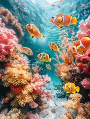 Underwater scene featuring a group of orange clownfish among colorful coral reefs - obrazy, fototapety, plakaty