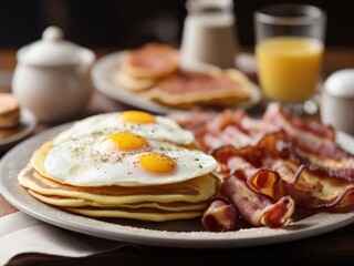 Full American breakfast with bacon, hash browns, eggs and pancakes on a plate