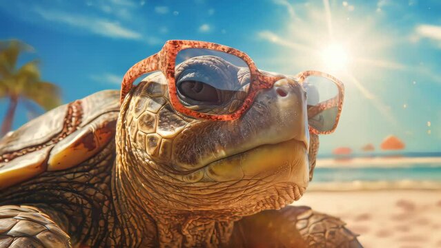 Summer concept. Turtle wear sunglasses on tropical beach abstract background. Generative ai.