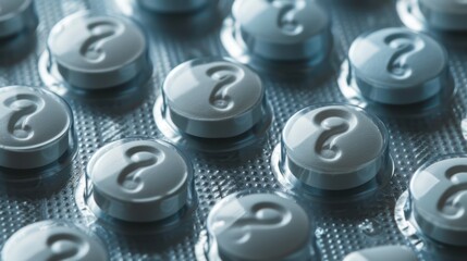 A close-up photograph showcases a distinctive blister pack containing tablets, each embossed with a question mark. - obrazy, fototapety, plakaty