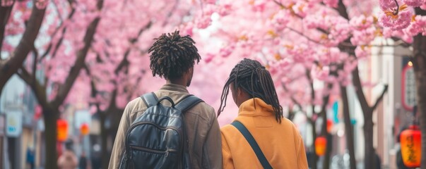 In the backdrop of Japan's sakura bloom, a mixed-race couple travels together, their view captured...
