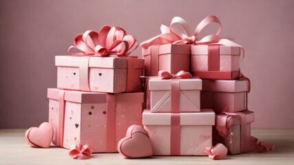 Obraz premium A stack of pink heart-shaped gift boxes, tied with ribbons and bows