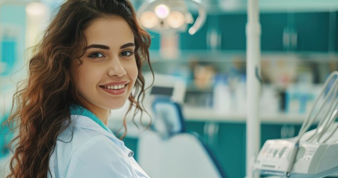 An image capturing the presence of a woman dentist in her clinic, embodying confidence and dedication.