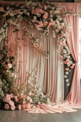 Fototapeta na wymiar Elegant floral wedding arch with roses and drapery in a romantic setup