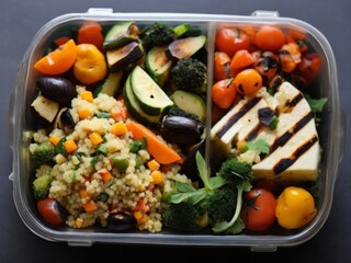A lunch box filled with couscous salad and grilled vegetables, arranged on a black table