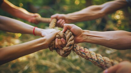 A tug of war competition unfolds as hands grip the rope firmly, symbolizing the essence of teamwork and collaboration - obrazy, fototapety, plakaty