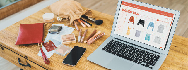 Woman shopping online on internet marketplace browsing for sale items for modern lifestyle and use...